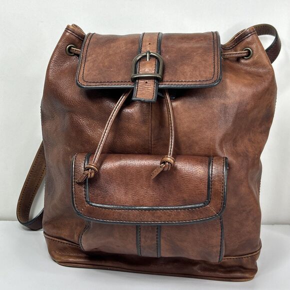 Fossil Genuine Leather Long Live Vintage 1954 Bucket Backpack Brown Key Charm - Picture 1 of 16